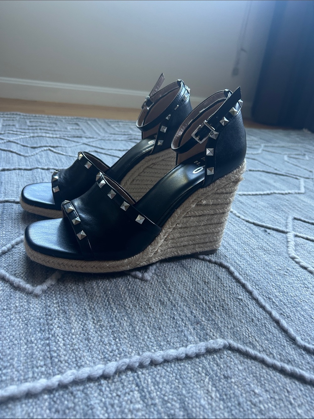 Mix No 6 Dreamm Espadrille Wedge Sandal in Black with Silver-Toned Square Rivets